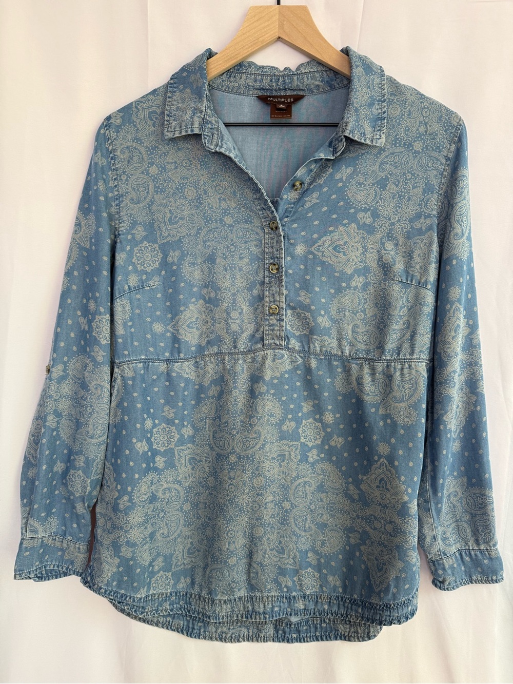 Multiples Blue Paisley Denim-like Half-Button Flowy Shirt with Pockets